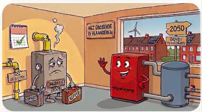 Cartoon over de afschaffing van het aardgasnet in Vlaanderen: een verdrietige oude gasketel vertrekt met zijn koffers, terwijl een vrolijke warmtepomp met boiler hem vervangt. Buiten staan Vlaamse rijhuizen met zonnepanelen en een wegwijzer naar 2050, gasvrij Vlaanderen.