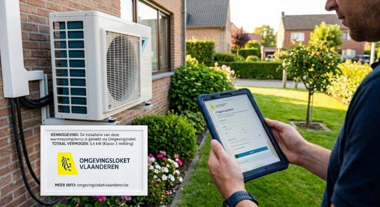 foto die de melding van een warmtepomp bij het Omgevingsloket Vlaanderen symboliseert. Een gezin (vader en dochter) staat buiten in een moderne tuin en kijkt naar de buitenunit van een zwarte warmtepomp. De vader houdt een tablet vast waarop een onduidelijke weergave van de website van het Omgevings