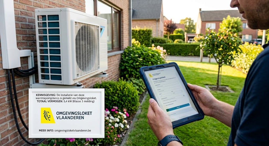 foto die de melding van een warmtepomp bij het Omgevingsloket Vlaanderen symboliseert. Een gezin (vader en dochter) staat buiten in een moderne tuin en kijkt naar de buitenunit van een zwarte warmtepomp. De vader houdt een tablet vast waarop een onduidelijke weergave van de website van het Omgevings
