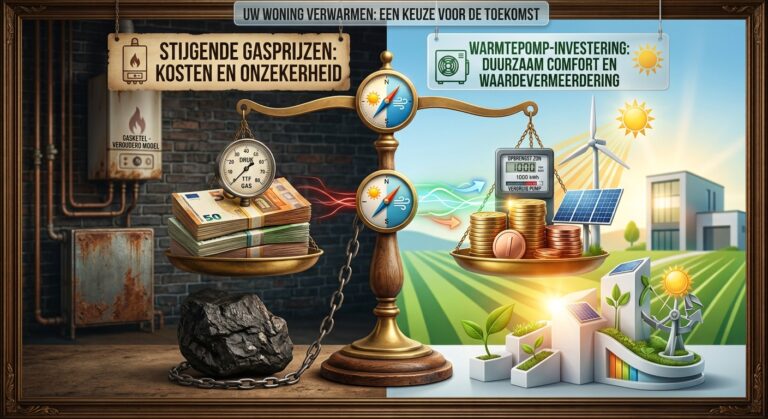 Een gedetailleerde conceptuele infographic, gepresenteerd in een gesplitst scherm, vergelijkt het traditionele gasverwarmingssysteem met een duurzame, toekomstbestendige warmtepompoplossing. Een enorme, sierlijke messing en donkerhouten balansschaal, omlijst door een elegante gouden lijst, vormt het