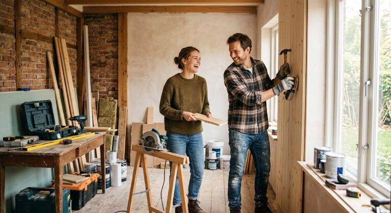 Een creatieve, ambachtelijke miniatuuropstelling van een duurzaam huis op een houten schijf met symbolen voor energiebesparing, financiën en een duurzame transitie
